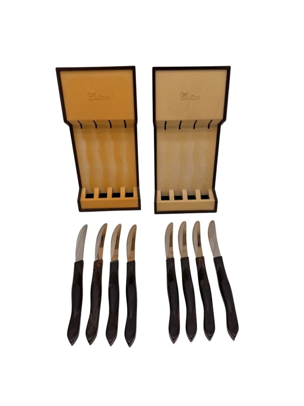VTG CUTCO #1759 Table Steak Knives Set of 8 Brown/Orange Swirl Handles TLH SIGN